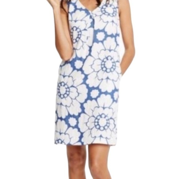 Boden Dresses & Skirts - Boden White with Blue Floral Print A-Line V-Neck Line Sleeveless Linen Dress